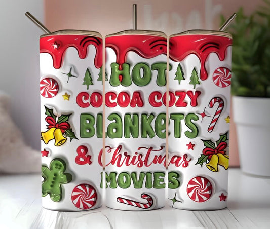 3D Hot Cocoa Blankets & Christmas Movies - 20oz Skinny Stainless-Steel Tumbler